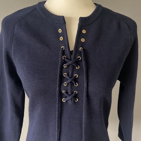 Barney's Navy Blue Merino Wool Lace Up Front Sweater - Picture 3 of 11